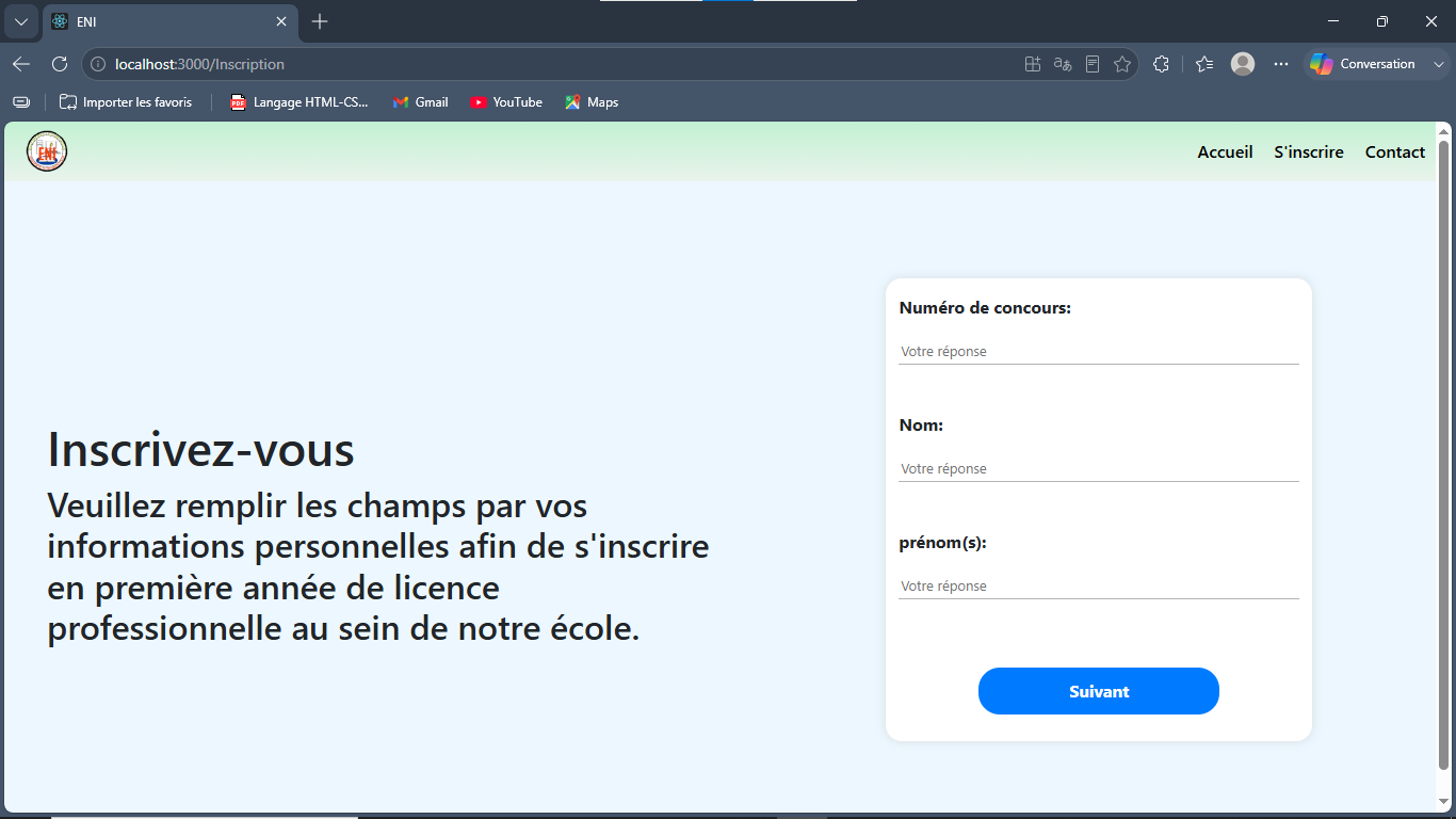Aperçu du projet Inscription des étudiants